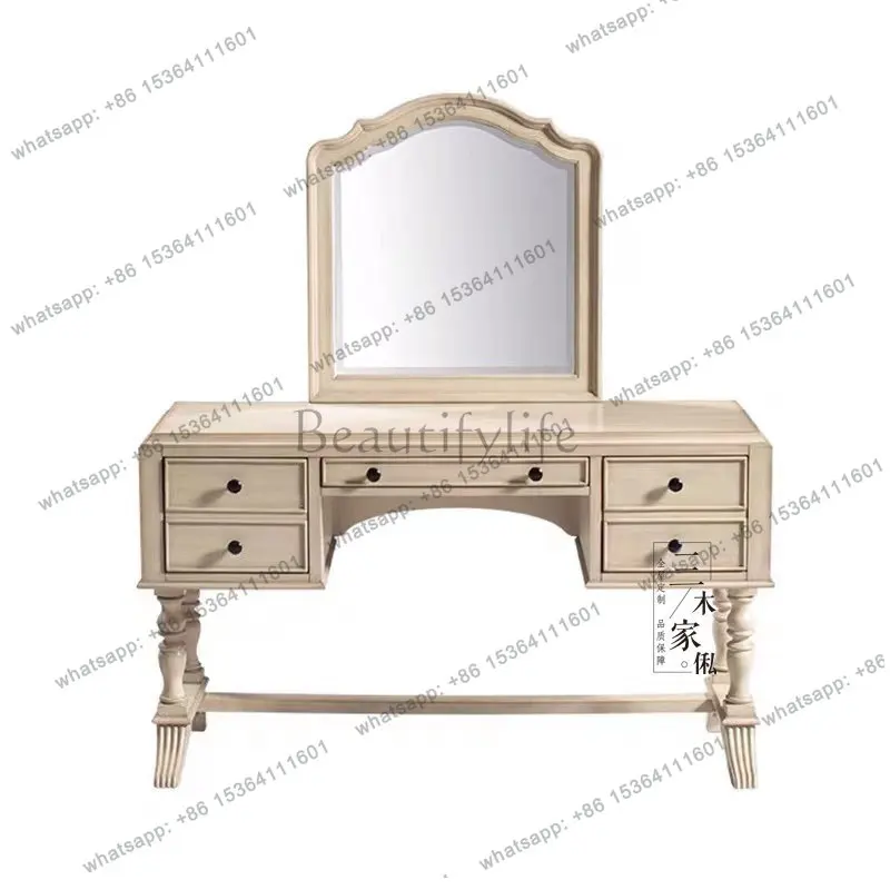 

Nordic French White Vintage Distressed Dressing Table Solid Wood Carved Makeup Table European Style
