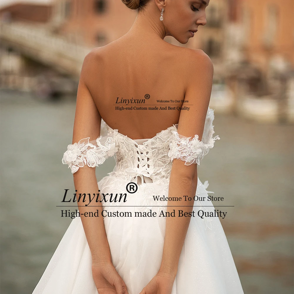 Vestidos de novia elegantes de encaje con apliques para mujer, vestidos de novia con espalda descubierta personalizados, corte en A, abertura lateral alta, vestidos de novia para boda