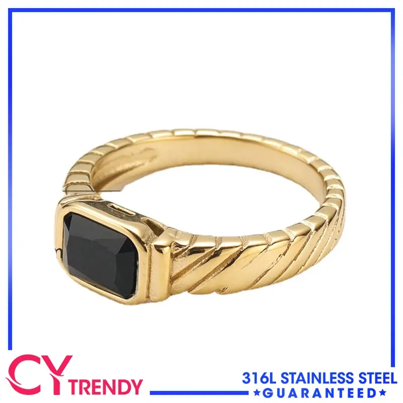 

Women's Jewelry 18K Gold Plated Stainless Steel Black Onyx Twill Ring Size 6-10