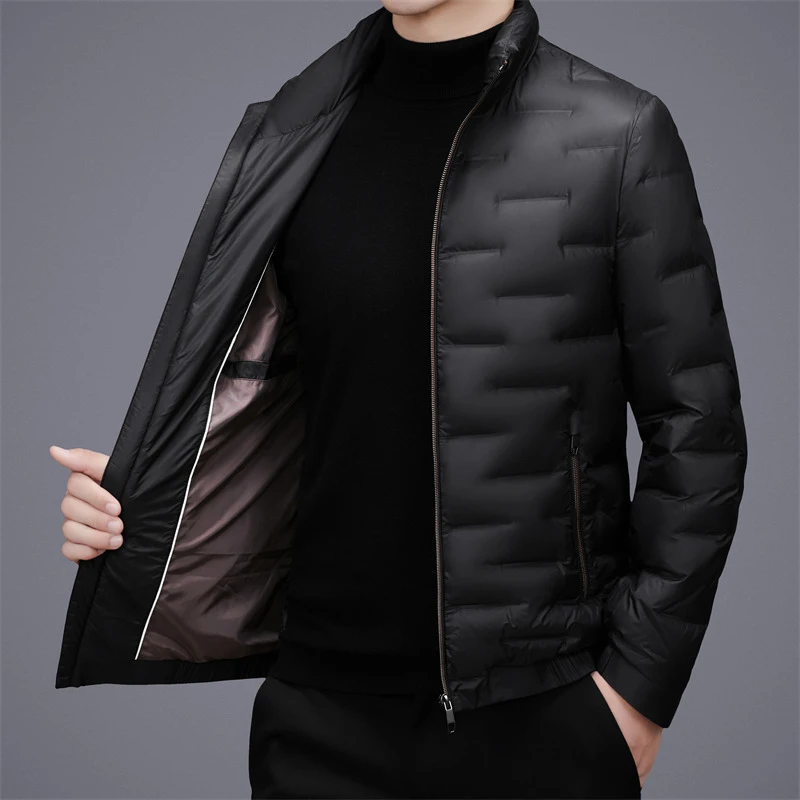 2025 Autumn/Winter Lightweight Men's Warm Solid Color Duck Down Jackets Slim Fit Stand Collar Puffer Coats Outwear Windproof Top