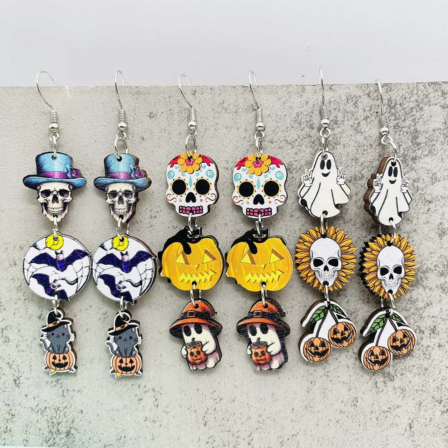 New Halloween Earrings Terrifying Pumpkin Bat Skull Wooden Earrings Jewellery for Women Halloween Gifts