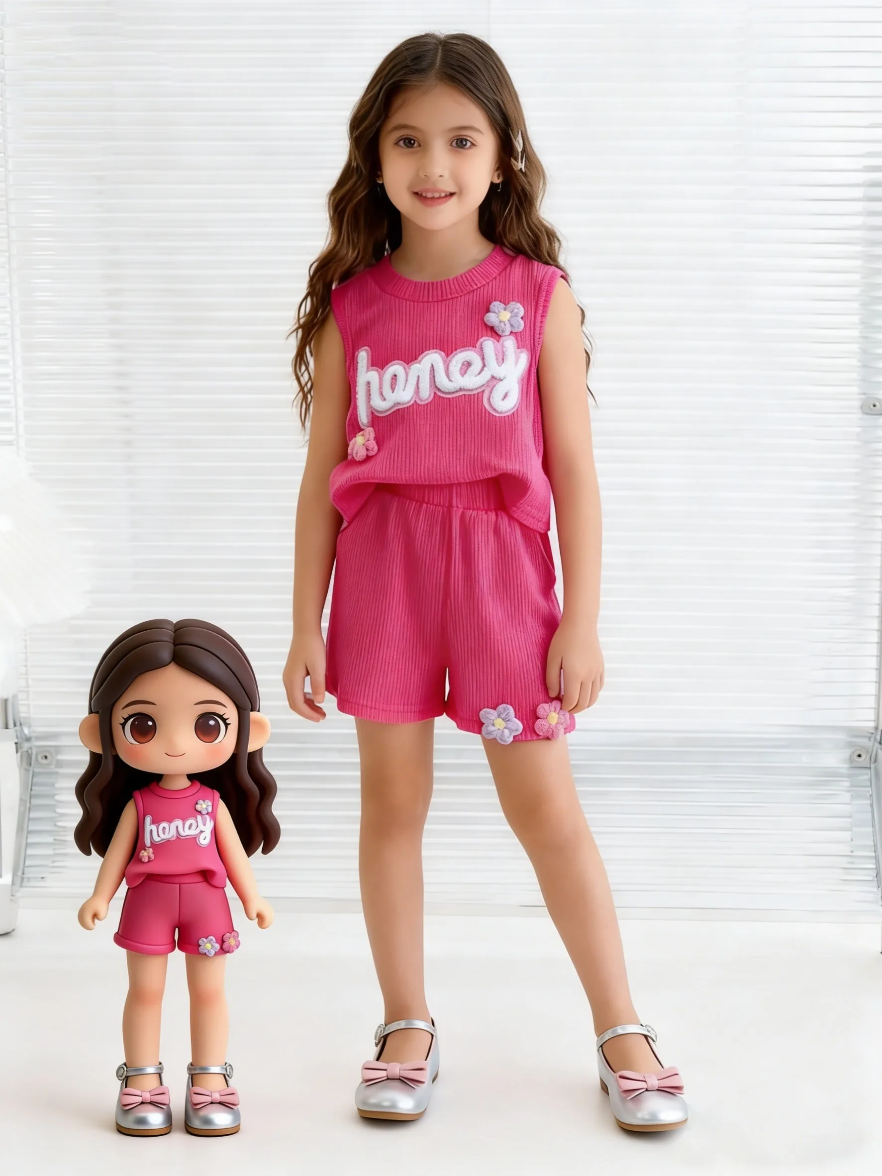 Kids Girls 2-Piece Pink "Honey" Outfit, Sleeveless Knit Top & Floral Shorts Casual Summer Set