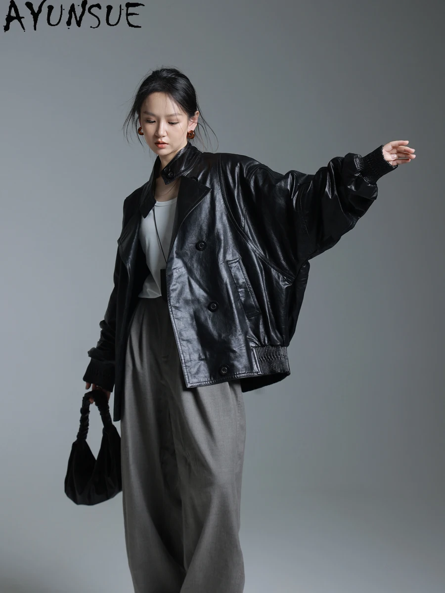 AYUNSUE سترة جلدية حقيقية للنساء 2025 معطف من جلد الغنم الضأن فضفاض مناسب للربيع والخريف ملابس نسائية شمع زيتي Jaqueta De Couro