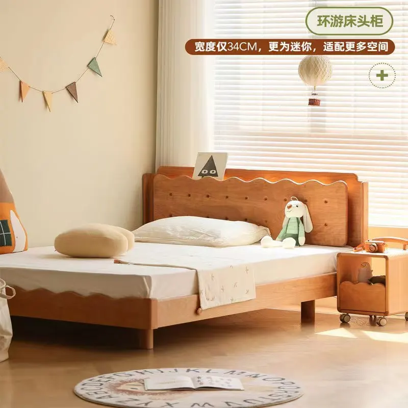 

Nordic cherry wood children's bed simple modern bedroom biscuits small bed boys and girls white oak solid wood bed with lamp