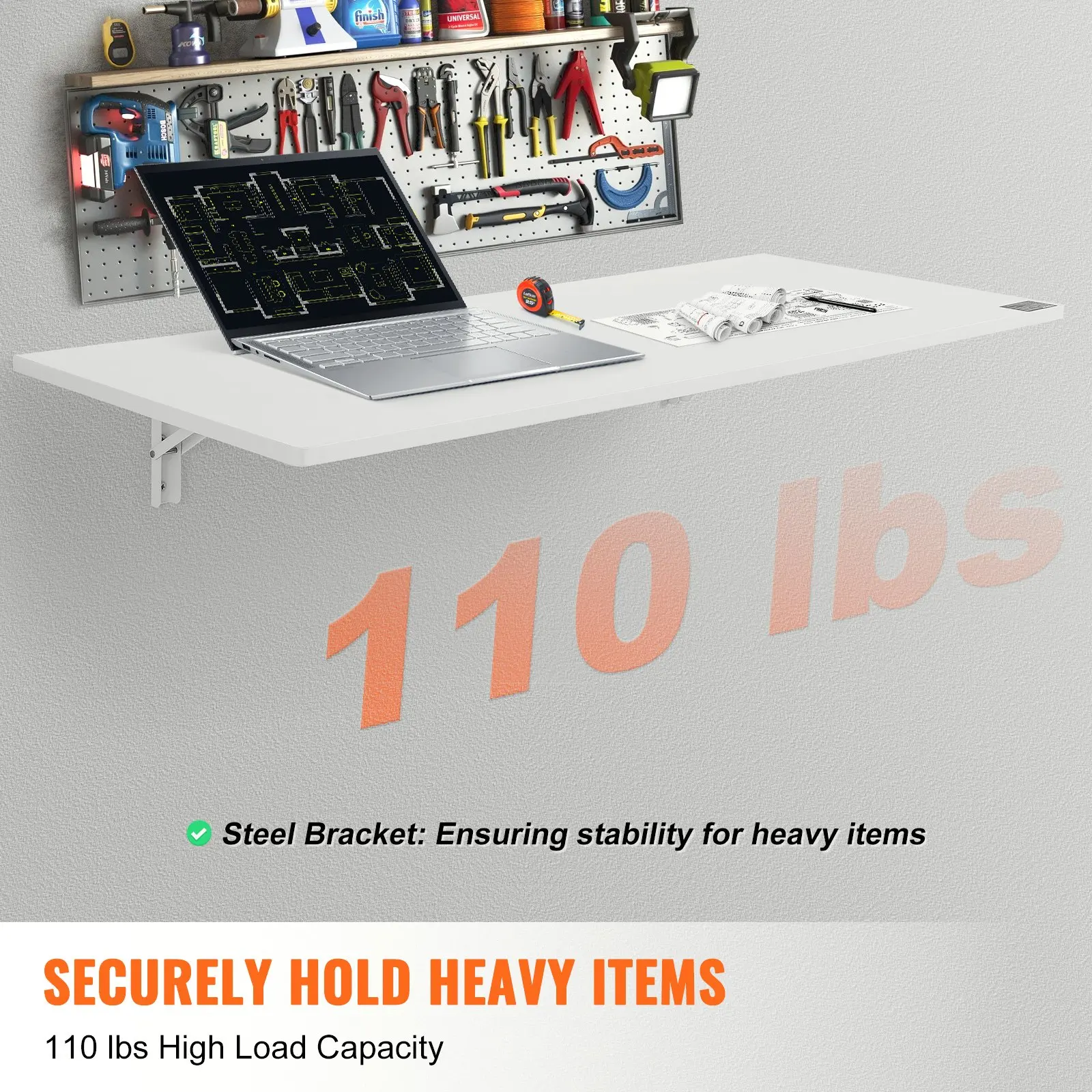 VEVOR Wall Mounted Folding Table Wall Mount Drop Leaf Table, Floating Desk with Iron Bracket, Wall Desk Fold Down