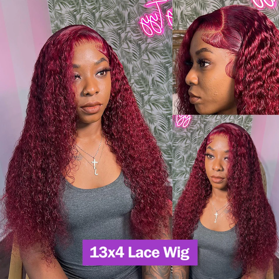 Gesstons 40 30 Inch 99J Remy Curly 13x4 13x6 Lace Front Human Hair Wigs Brazilian Colored Deep Wave Burgundy HD Lace Frontal Wig