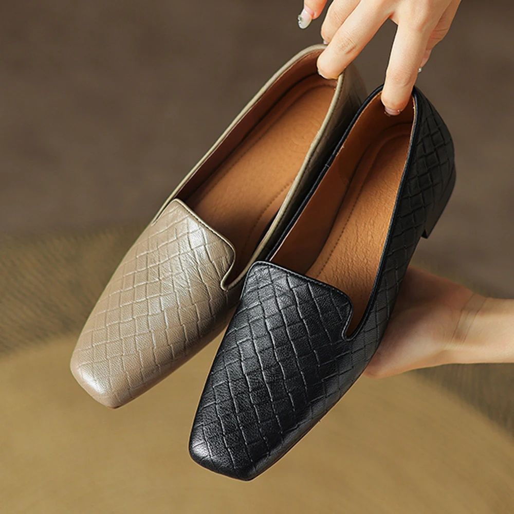 New Fashion Spring Summer Loafers Women Luxury Flats Leather Ladies Shoes Square Toes Low Heels Designer Black 2024