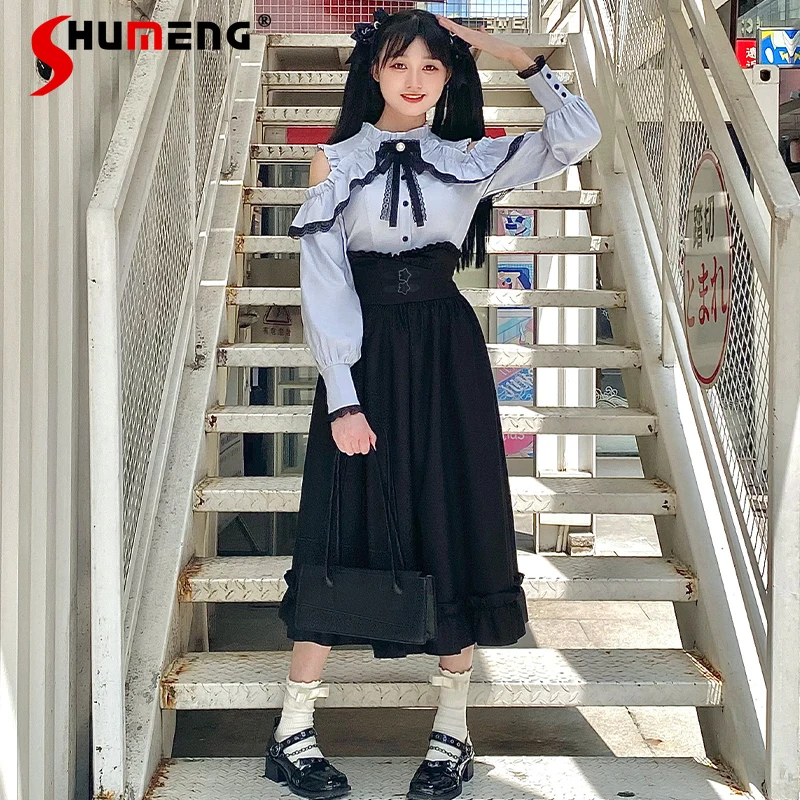 2023-new-japanese-lolita-water-color-mine-series-outfits-flying-sleeve-off-the-shoulder-long-sleeve-shirt-mid-length-skirt-women