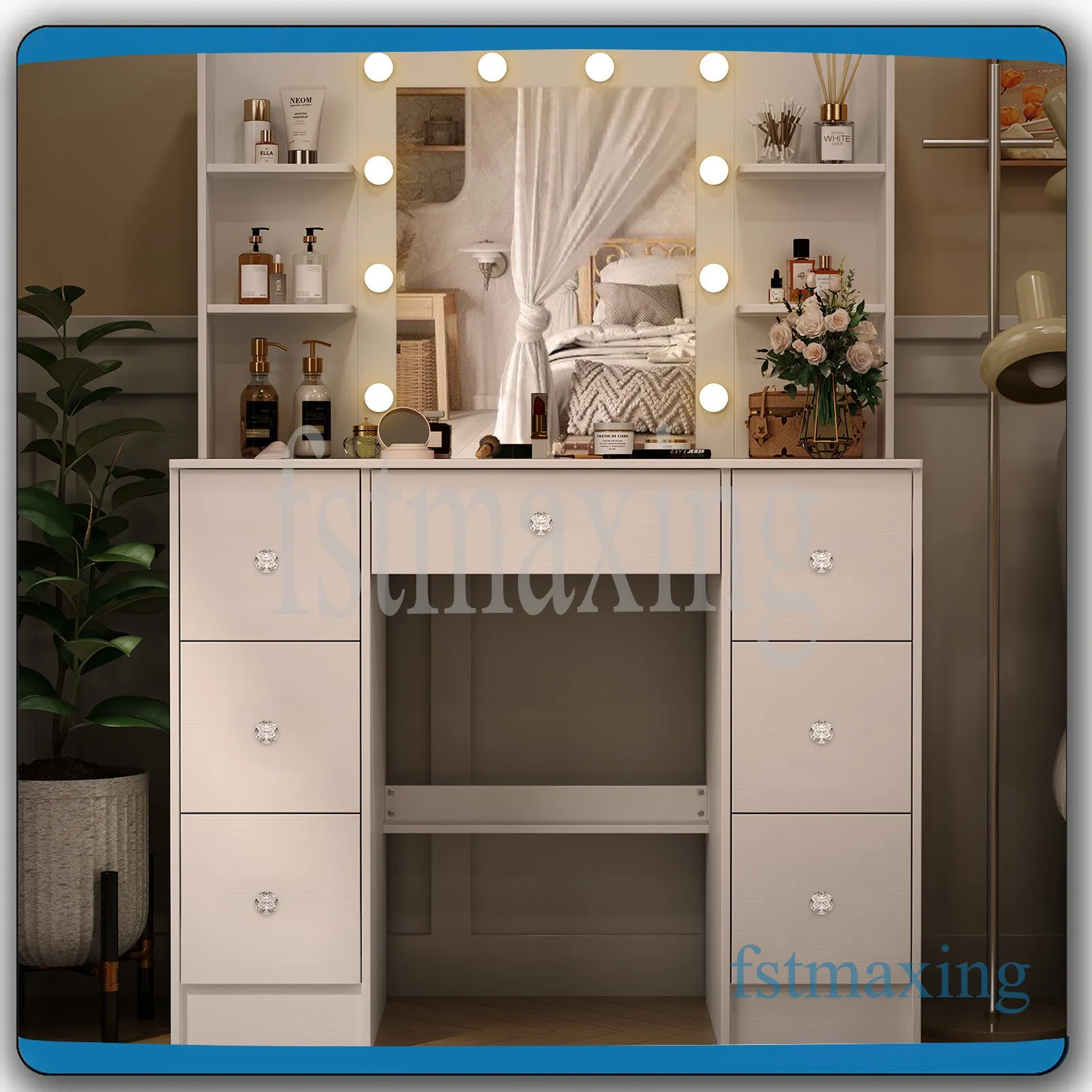 طقم مكتب فانيتي مع مرآة بمصابيح LED و7 أدراج لطاولة تزيين المكياج