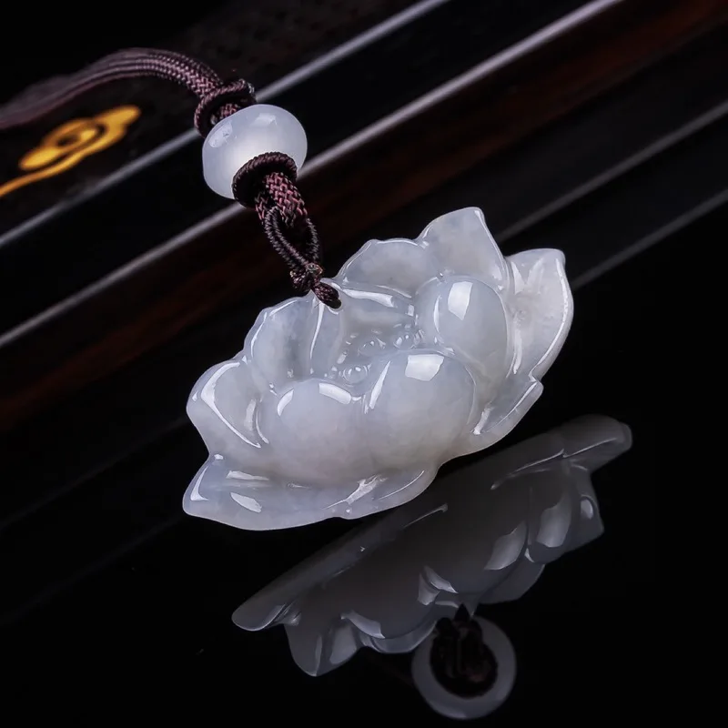 Natural Burmese A-grade jadeite three-dimensional lotus pendant, ice ornament, flower-shaped jade accessory for men and wom 4