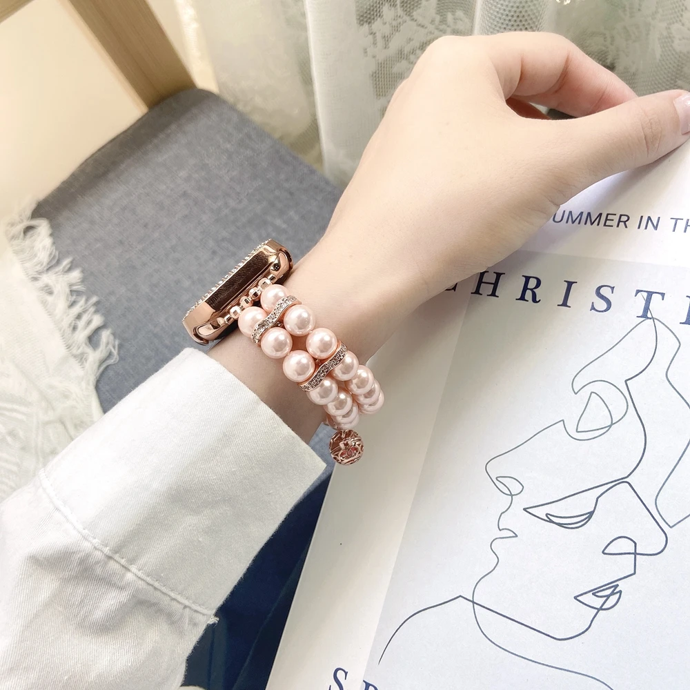 Correa de bola de Perfume de perlas de doble fila para Apple Watch, correa de 40/44mm SE7 6 5 4 para iWatch 38mm/42mm 3 2 1 muñeca de perla de ágata 41/45mm