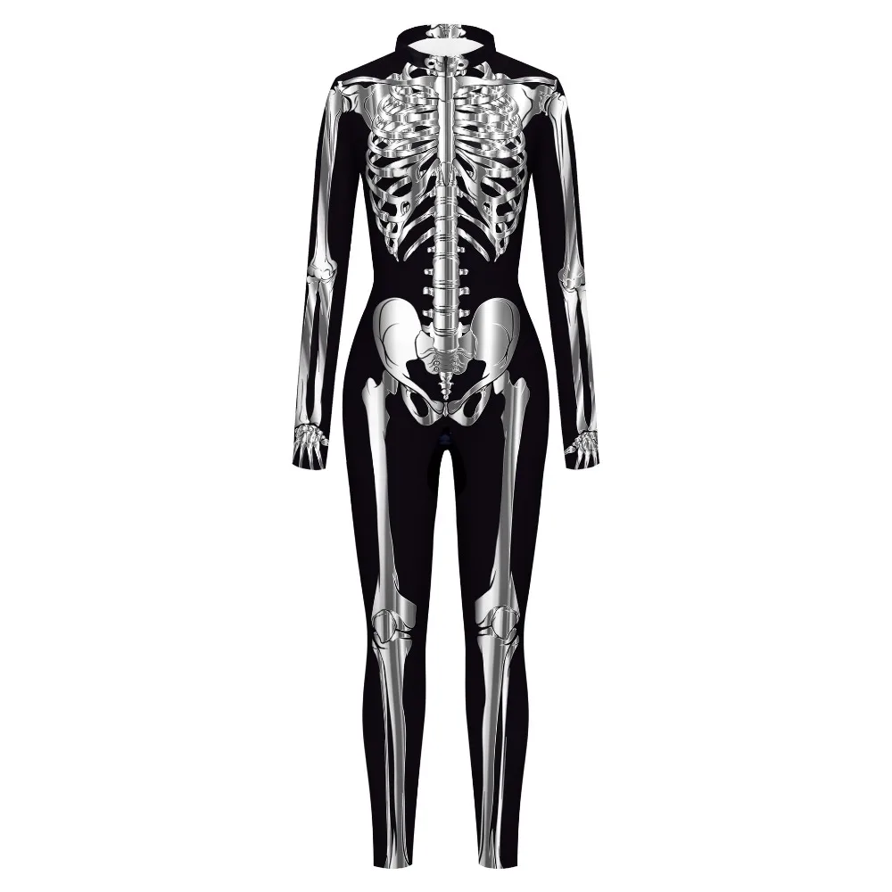 Skeleton Catsuit Men Women Jumpsuit Halloween Costume Carnival Zentai Bodysuit Scary Party Outfit Purim Clothes