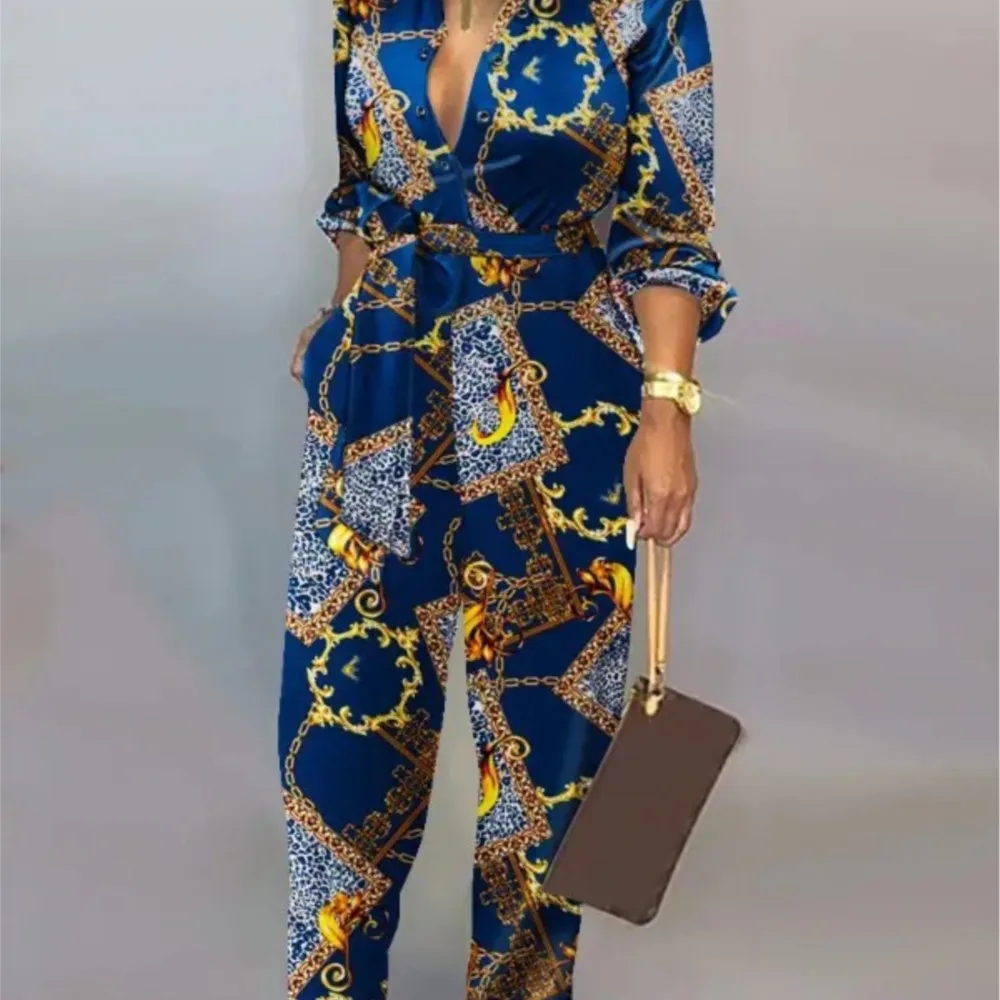 Spring Autumnnew Printed Long Sleeved For Women\'s Jumpsuit Fashion Slim High Waist Lace Up Elegant Female Office Jumpsuit Pant