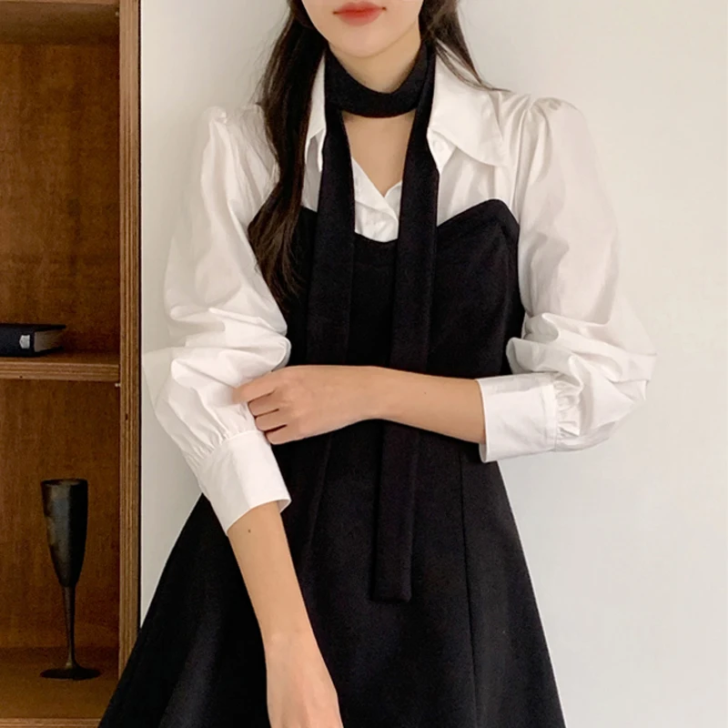 Chic Knitted Long Sve  Ne irt Women's Simple Sli Autumn Design Sense Versatile Padded Fake Two-Piece Top