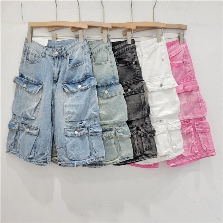 2024 Y2k Streetwear Shorts for Women Vintage Washed Jeans Denim Women Cargo Three-quarter pants