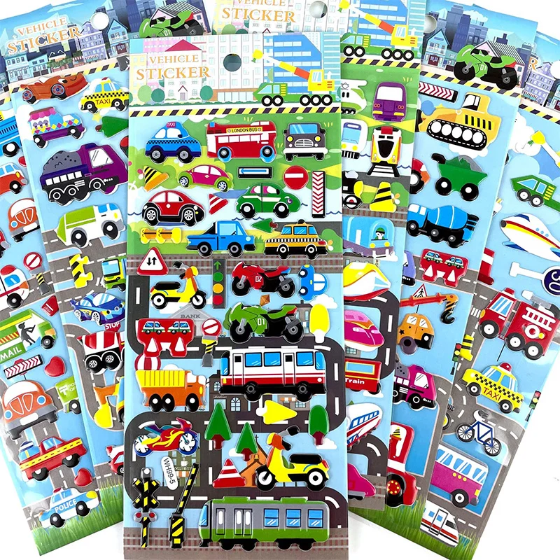 6 Sheets/Set Cartoon Engineering Vehicles Traffic Cars Stickers for Kids 3D Bubble PVC Reward Sticker With Paper Card Packaging