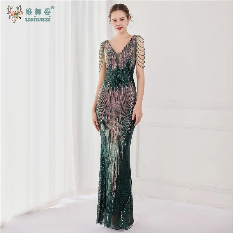 큰 사이즈 스팽글 비즈 자수 정장 이브닝 드레스 섹시한 딥 브이넥 민소매 비즈 슬리밍 머메이드 이브닝 드레스