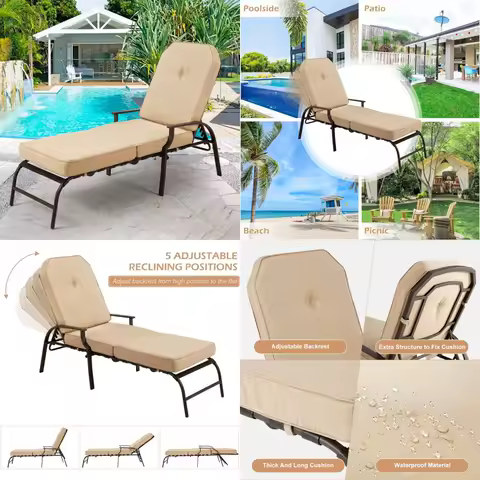 Outdoor Adjustable Chaise Lounge Chair with Cushion and Armrest for Patio, Deck, and Poolside Comfort