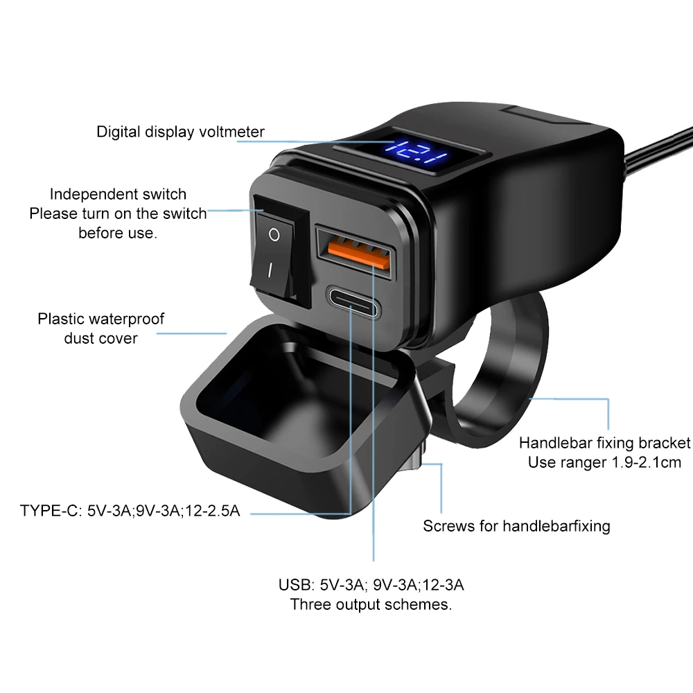 Kebidumei Motorcycle Parts Usb Fast Charger Waterproof Type C Port Socket Connector With Voltmeter Display PD QC Motor Adaptors