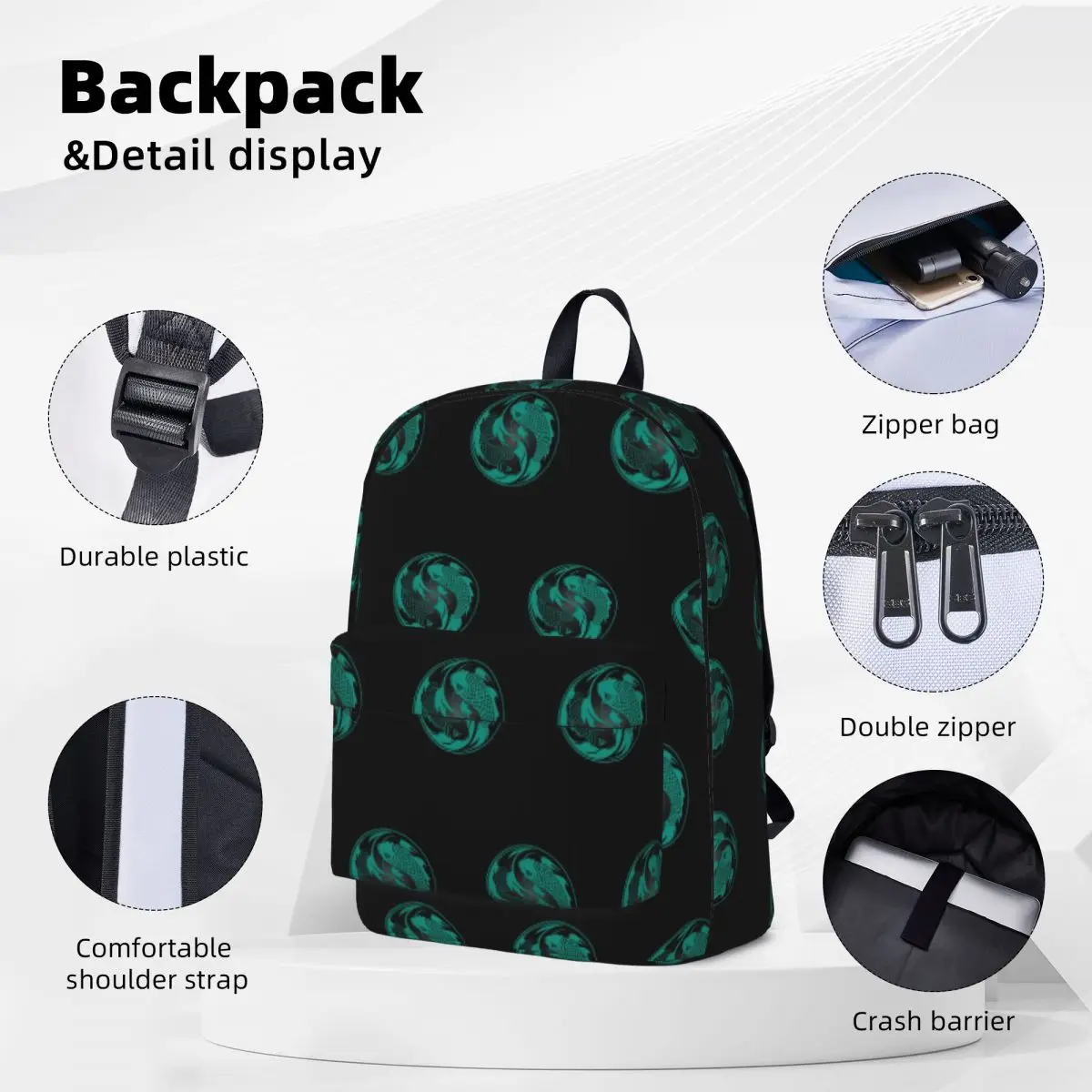 Teal Blue And Black Yin Yang Koi Fish Backpacks Student Book bag Shoulder Bag Laptop Rucksack Fashion Travel Rucksack School Bag