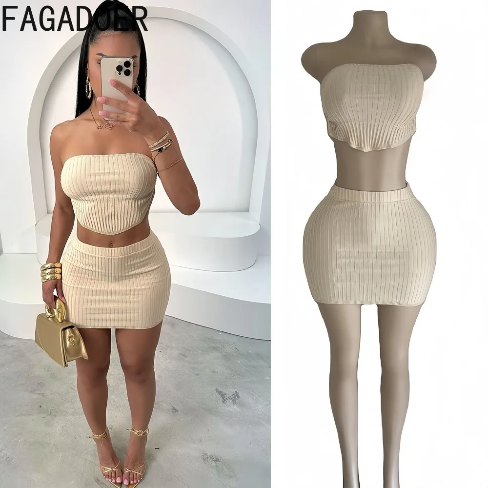 

FAGADOER Summer New Sexy Ribbing Two Piece Outfits Woman Solid Sleeveless Backless Crop Top and Skirt Suits Female Streetwear