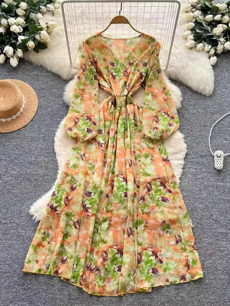 Vintage fleur automne robes femmes tempérament à volants Robe Femme 2025 robes De Mujer tunique a-ligne lanterne manches Maxi Robe