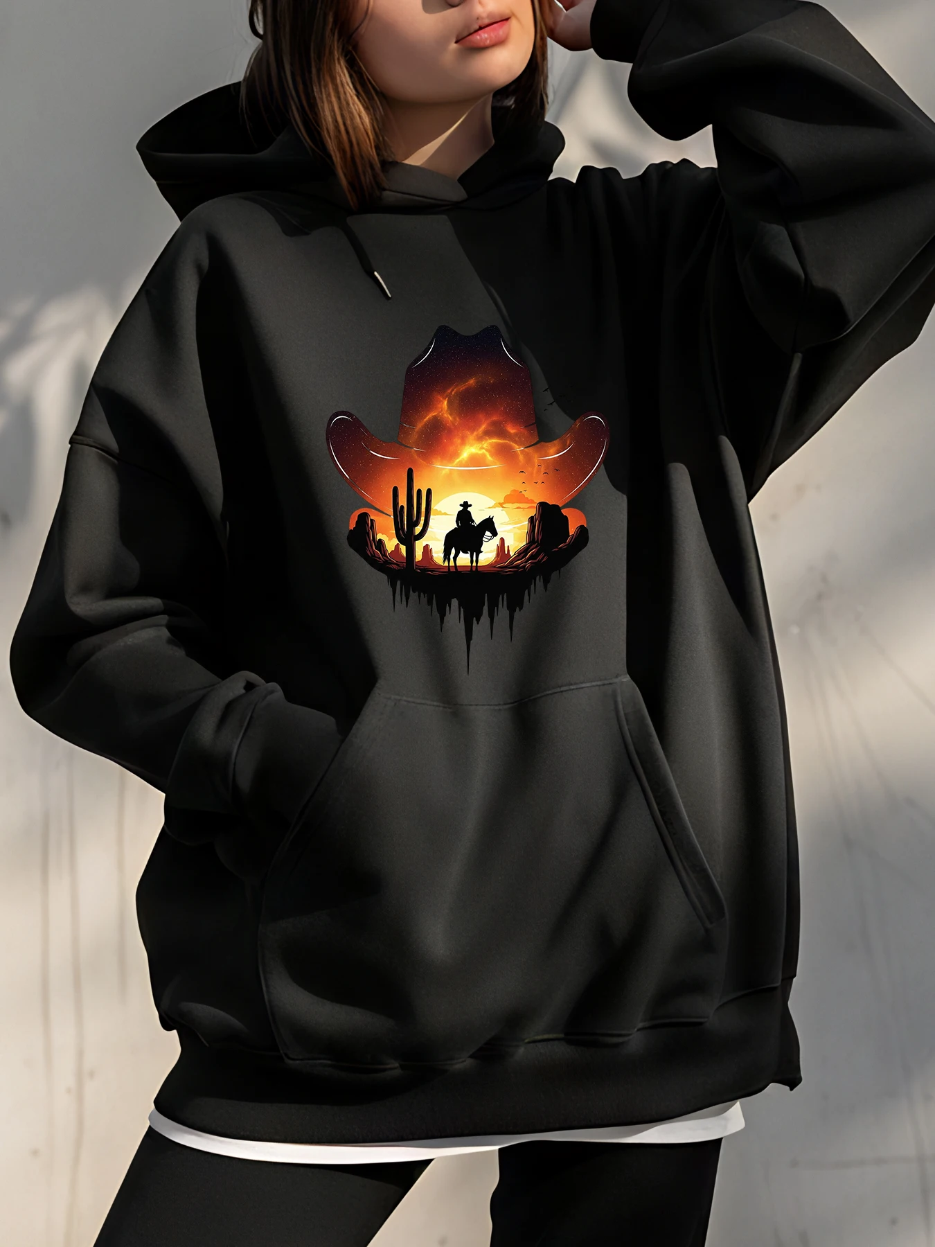 Western Cowboy Hoodie Zonsondergang Woestijn Scène Print Unisex Casual Sweatshirt Voor Mannen Vrouwen Streetwear Mode