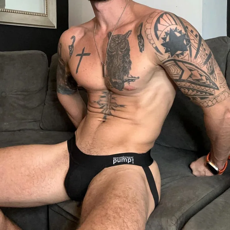 Men Underwear C-String G-String Man Thong Backless Open Low Rise Cotton Black White Double Strap Sexy Pump MP5001 - view 5
