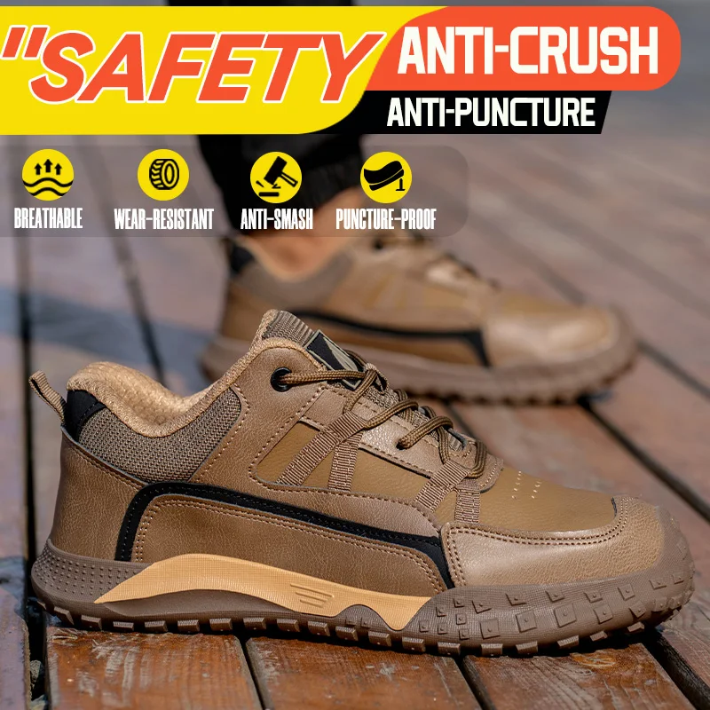 New Safety Men Work Sneakers Anti-smash Indestructible Shoes Steel Toe Protective Boots Anti-puncture Brown Work Safety Shoes
