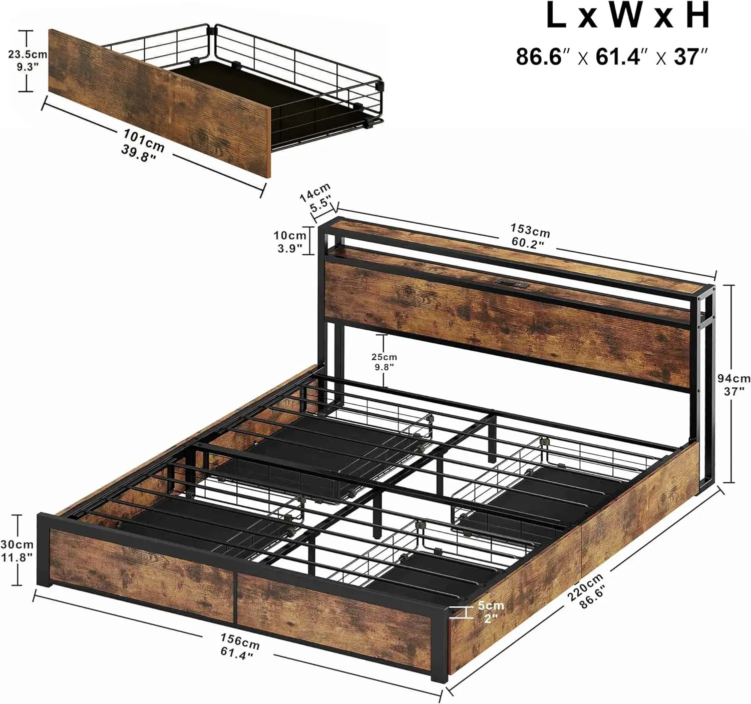 Cama Queen Frame com Gaveta De Armazenamento, Cabeceira Com Estação De Carregamento, Nenhuma Mola De Caixa Necessária, Fácil Montagem