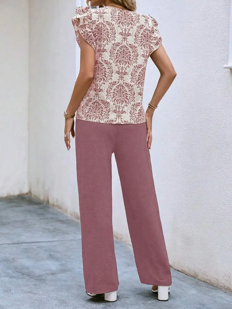 

2pcs Women Floral Print V-Neck Cap Sleeve Blouse And Wide Leg Pants Casual Vacation Set