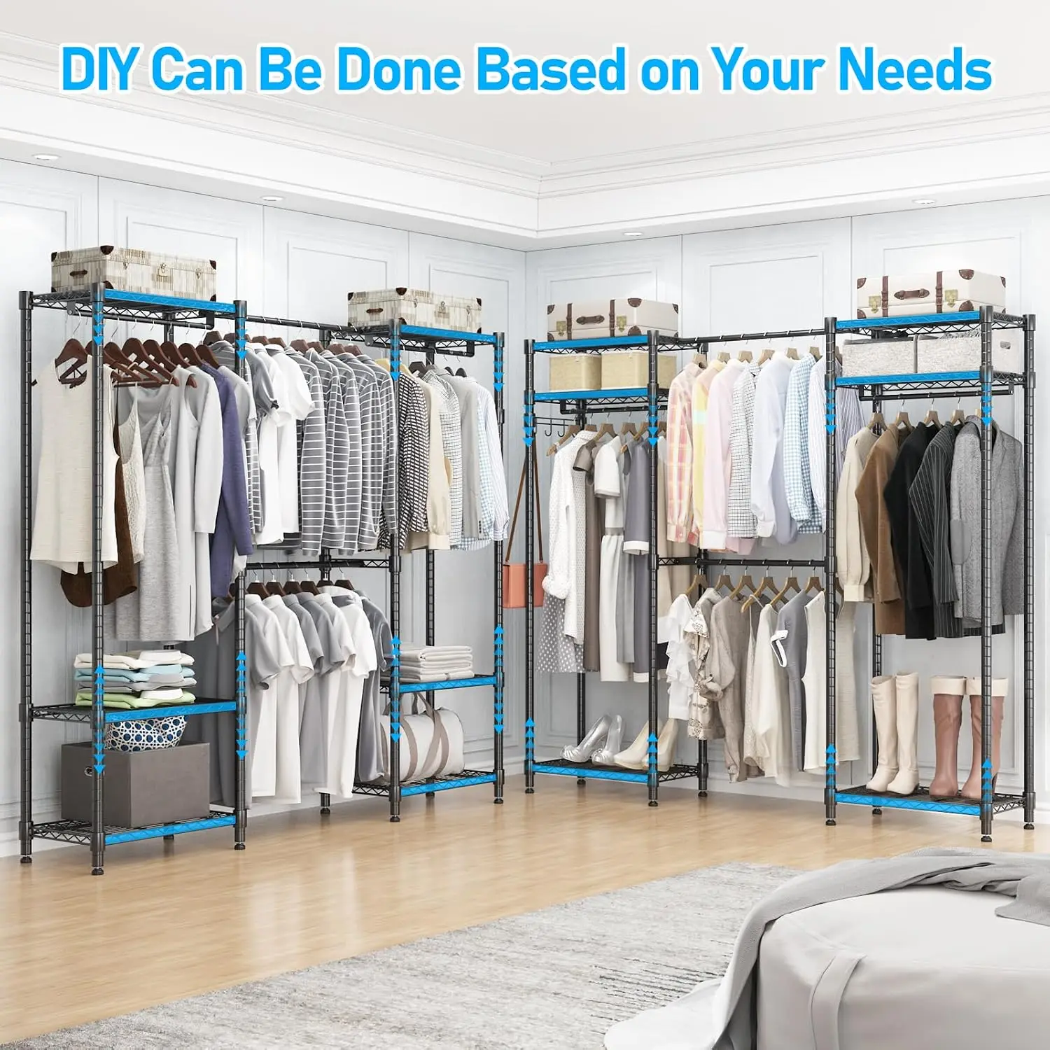 Heavy Duty Metal Garment Rack Extendable Rods Adjustable Freestanding Closet Wire Shelves, Customized