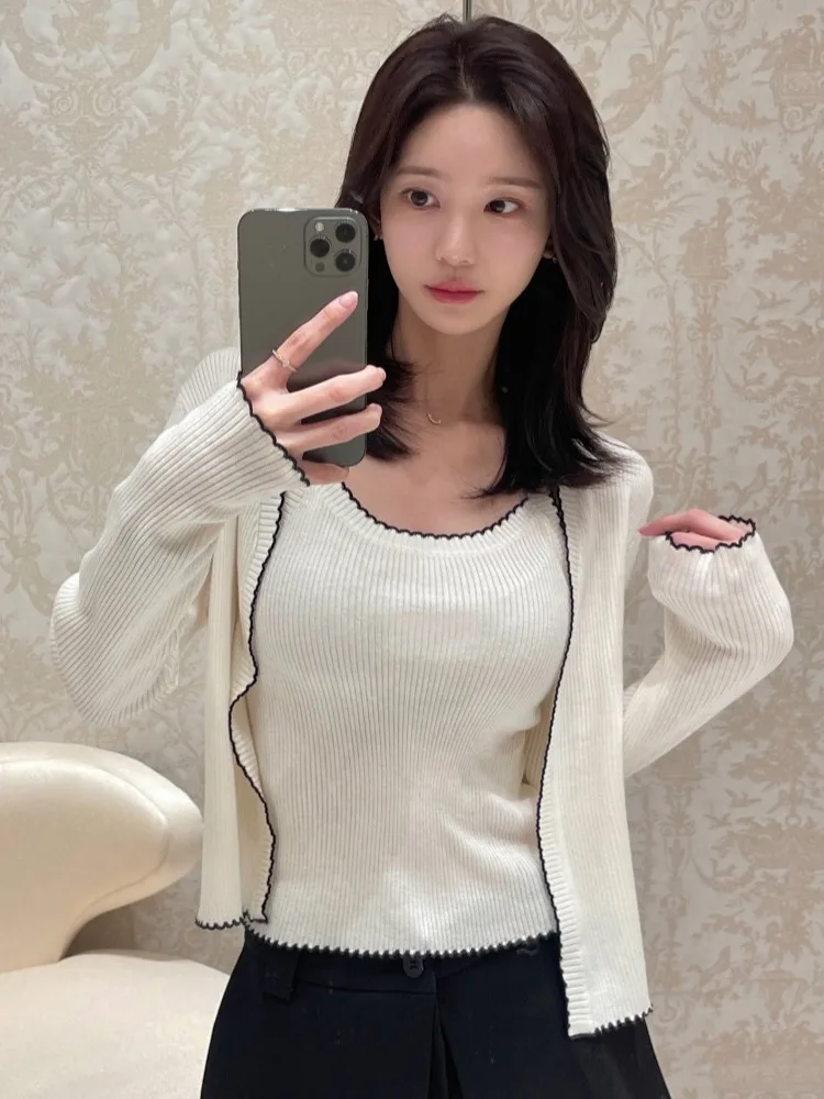 

Loose Korean Sle Knitted Two-Piece Set Ele Little Fraance Sle Color Blo Strap Cardigan Top Women's Faion