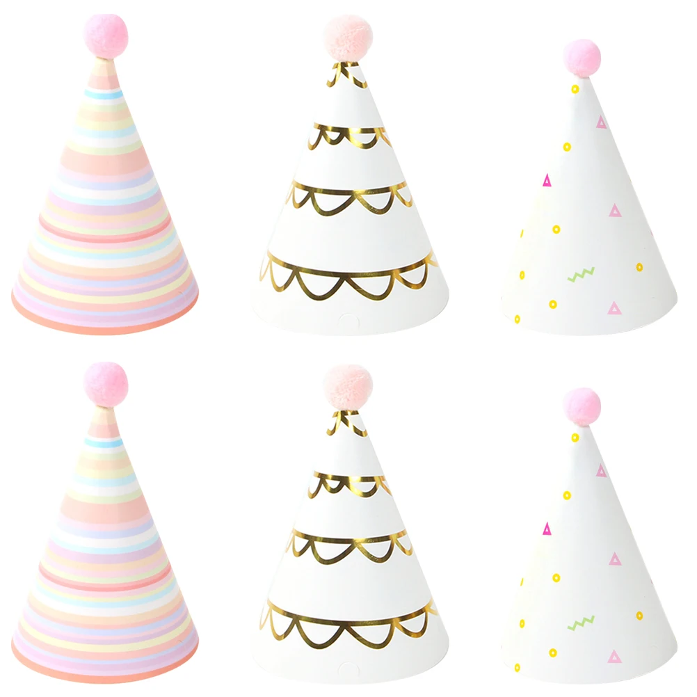 

9 pcs Children Party Hat Bronzing Wool Ball Decoration Pointy (Color Striped, Small Triangle, Bronzing White, Each 3)