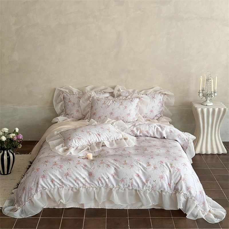 

800TC Lyocell Soft Silky Cooling Summer Bedding Set Flowers Prints Lace Ruffles Duvet Cover Flat/Fitted Bed Sheet Pillowcases