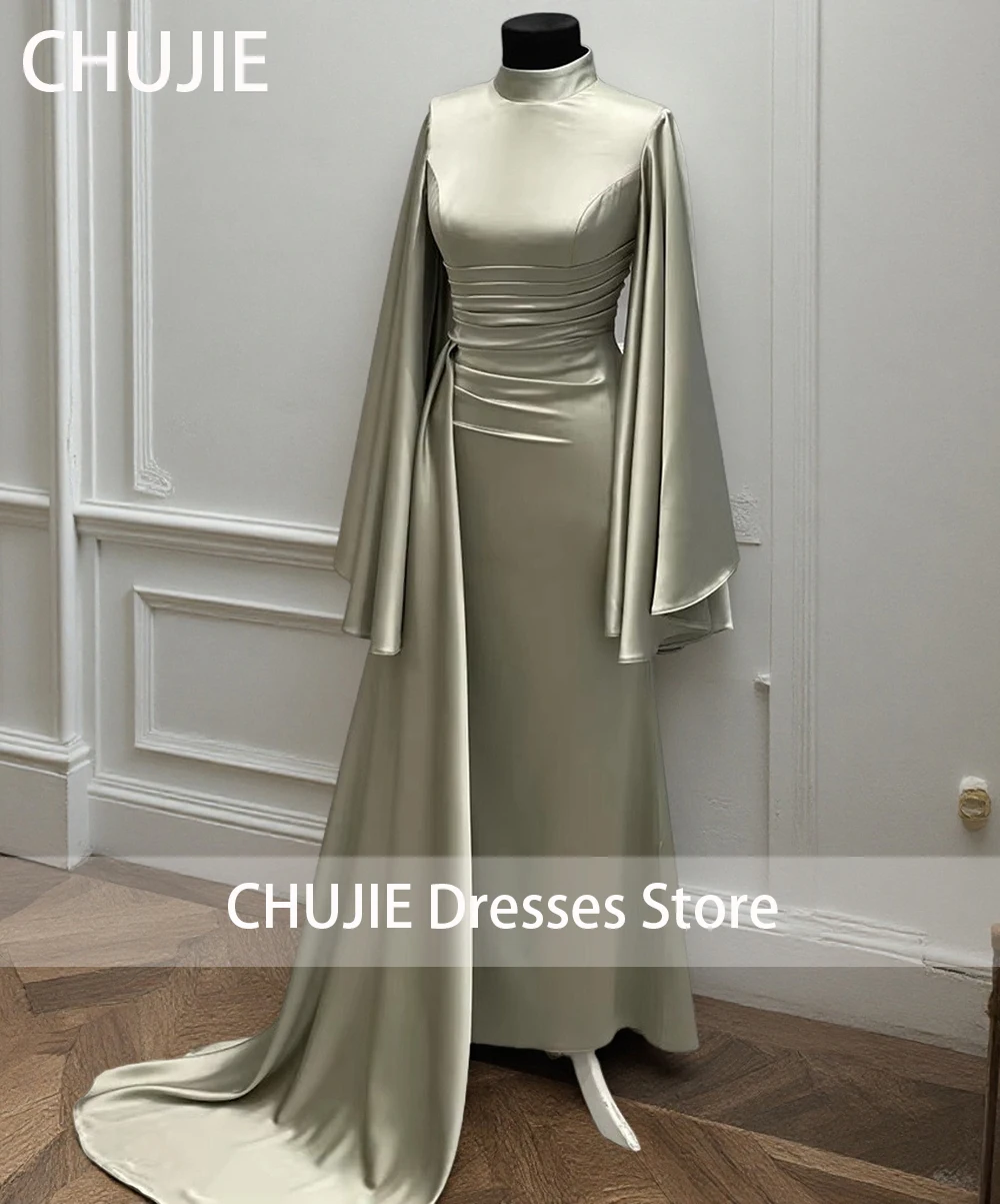 Helle olivfarbene Abendkleider mit Rüschenärmeln für Damen, Seidensatin, seitliche Schleppe, Hochzeitskleid, Partykleider, individuelle Arabien