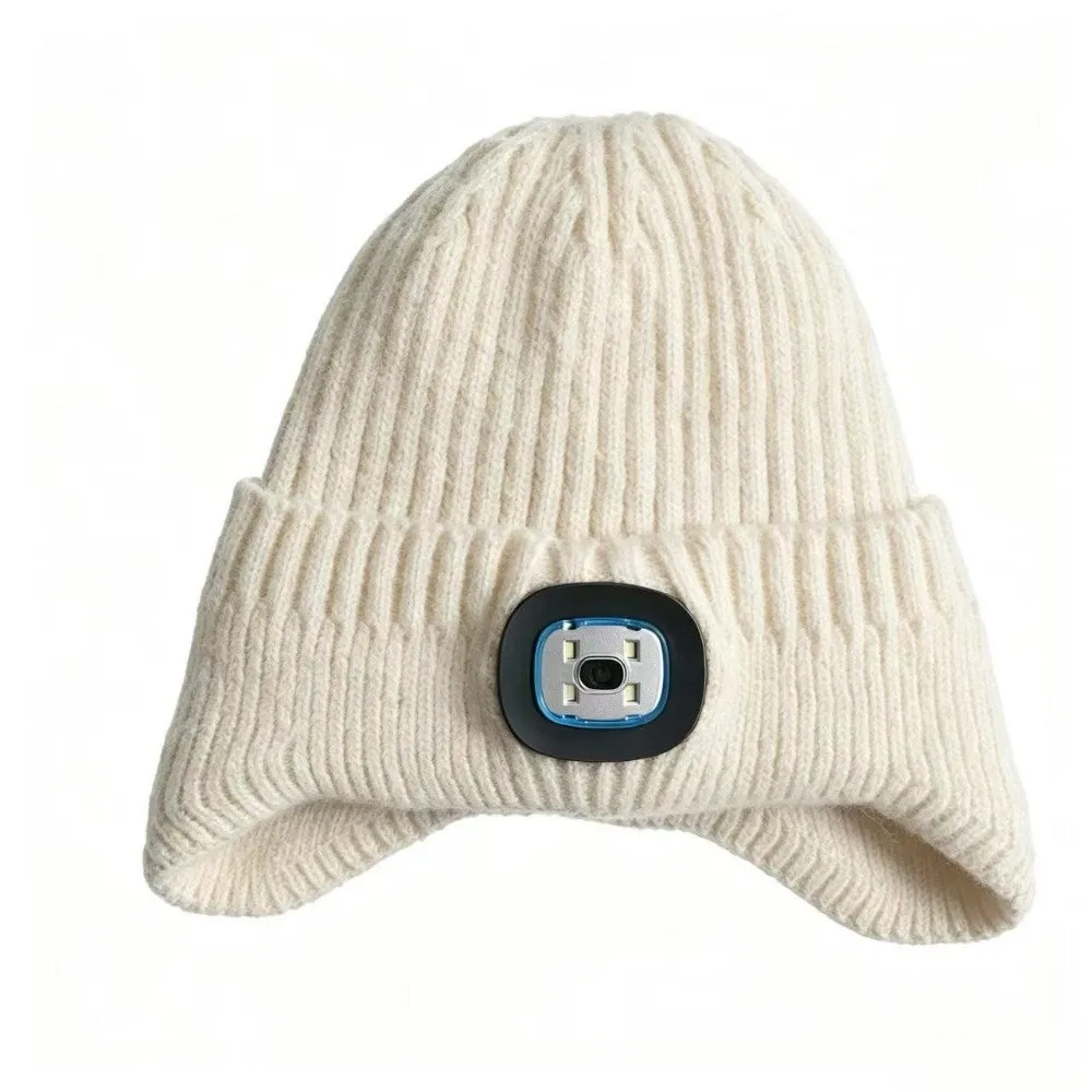 Rechargeable LED Light Beanie Three Brightness Levels White LED Light Lighted Beanie Hat Knitted Warm and Elastic