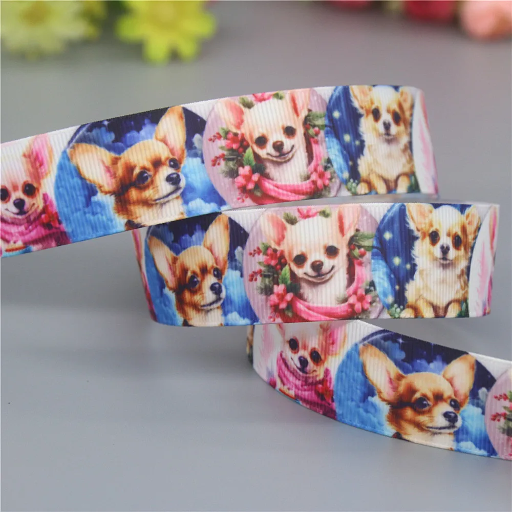 DHK 50yards Chihuahua Dog Printed Grosgrain Ribbon Accessories Headwear Decoration Collar DIY Sewing Craft S2404