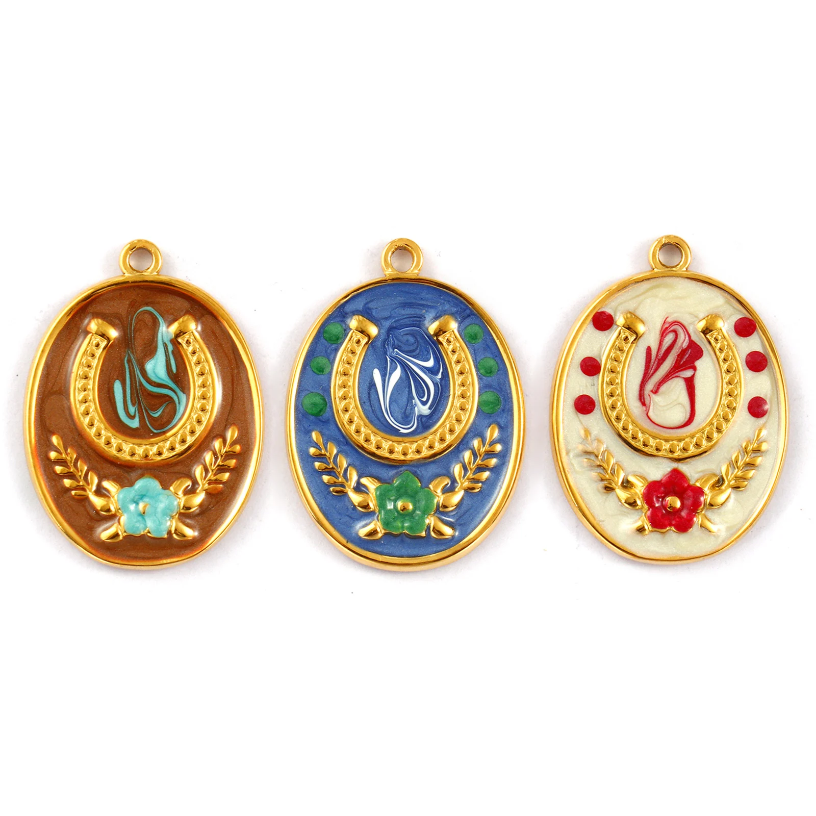 1 Piece 304 Stainless Steel Galaxy Charms Enamel Oval Horseshoe Pearlized 18K Gold Plated Pendants Necklace DIY 28mm x 20mm