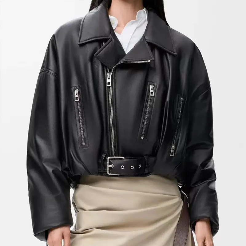 High quality motorcycle leather jacket short coat is stylish and fashionable 2025 new female clothes luxury 251228104