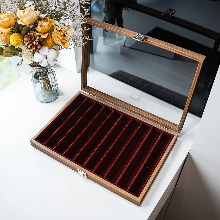 10-compartment wooden necklace jewelry storage box with glass lid bracelet jewelry box
