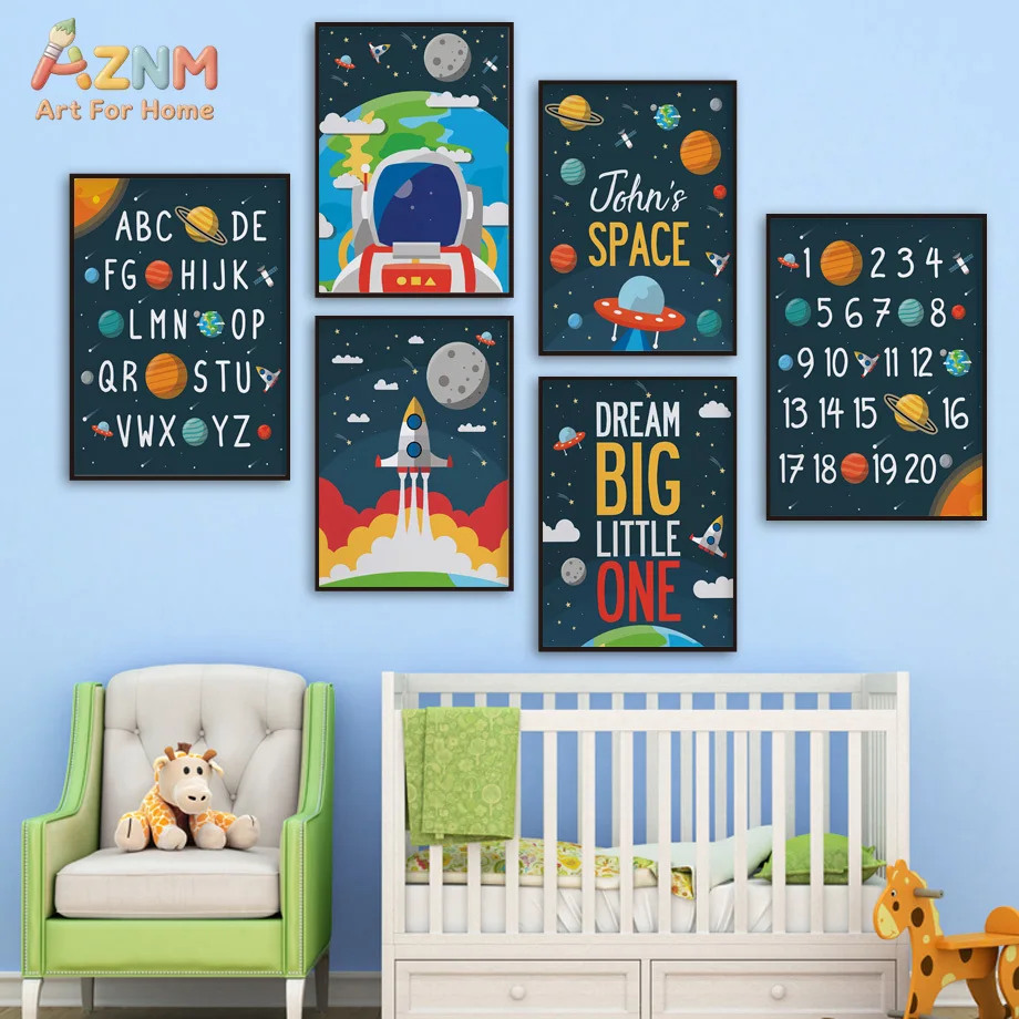 AZNM Cartoon Space Astronaut Rocket Planet Canvas Print ABC Number Dream Big Text Unframed Canvas Wall Art Boys Outer Space Nurs