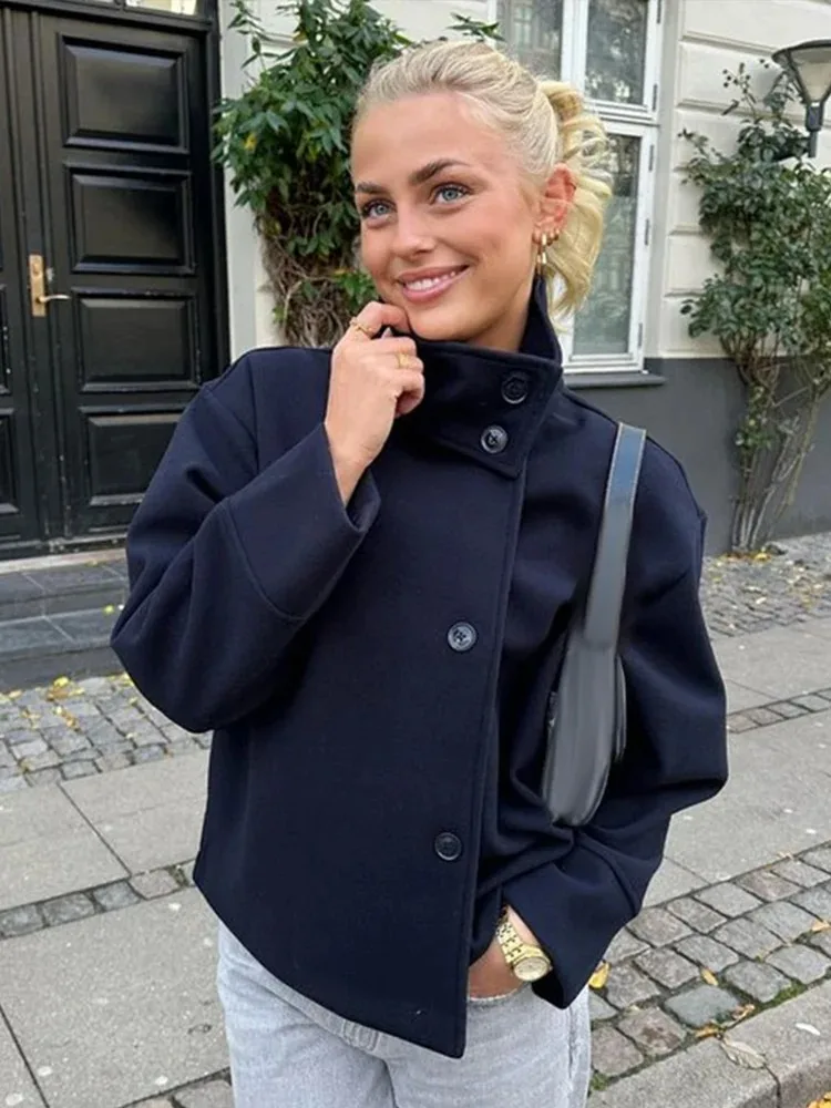 

Stand Collar Women Winter Woolen Coats 2025 Spring Single Breasted Loose Female Long Sleeve Jacket Office Lady Street Short Coat