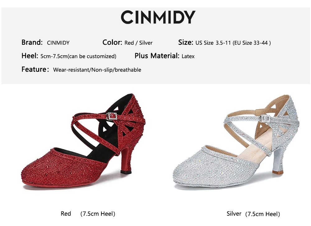 CINMIDY Rote Strass-Lateintanzschuhe Damen Tango-Tanzschuhe Moderne Schuhe Weiche Sohle Hochzeitsschuhe Silber – Detail 5