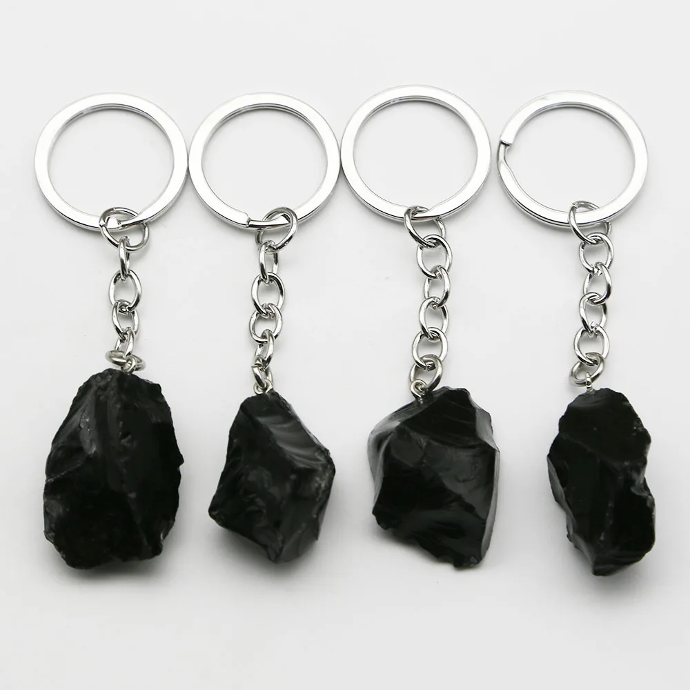 Natural Raw Ore Irregular Obsidian Keychain Exquisite Stainless Steel Chain Keyring Pendant For Men And Women Fashion Jewelry 5P