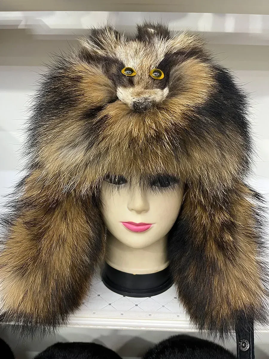 ハロウィン屋外帽子リアルファー 100% アライグマキツネ皮ロシア帽子