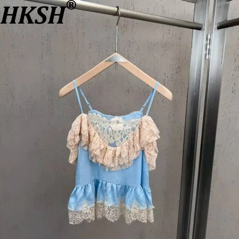 HKSH Women Vest Fashion Satin Patchwork Lace Heavy Design Sexy Ins Youthful Camisole Contrast Color Sleeveless Tank Top HK24903