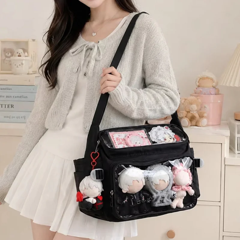 Japanese Solid Color Large Capacity Ita Bag Double Clear Window Shoulder Bag Adjustable Strap Nylon Crossbody Bag Anime Pack