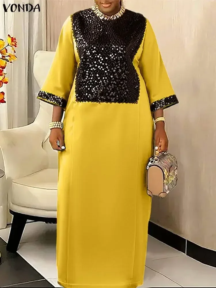 Abito da donna taglie forti VONDA Bohemian Party Abiti lunghi Splicing con paillettes Maxi abiti da donna Moda manica 3/4 Abito in raso 5XL