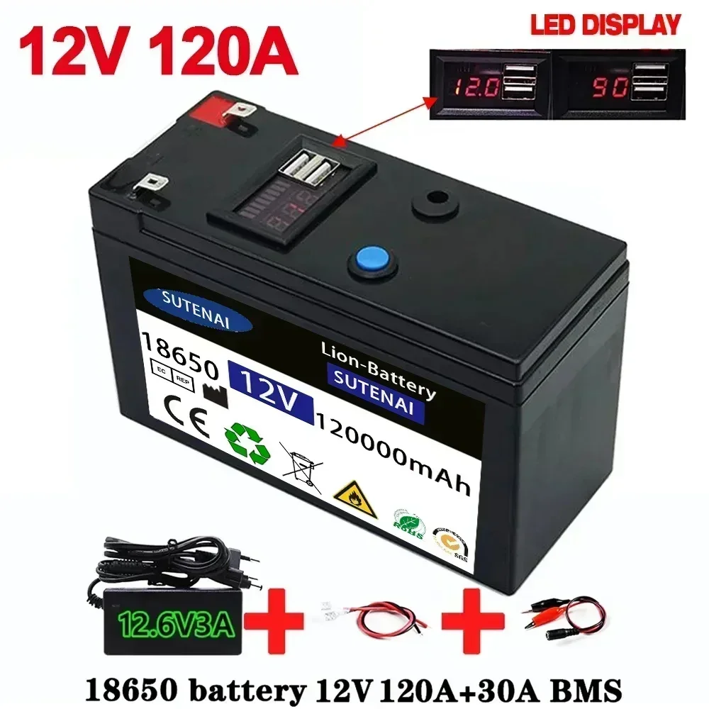 Batería de litio de 12V, 120Ah, 18650, batería recargable para batería de vehículo eléctrico de energía solar + cargador de 12,6 v3A